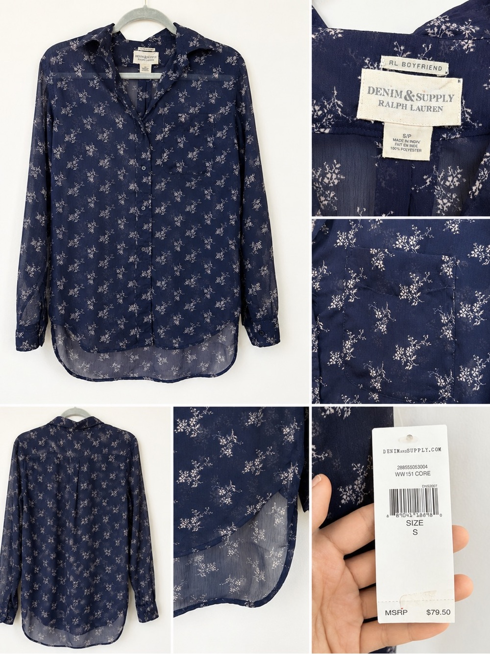 Denim & Supply Ralph Lauren Navy Floral Sheer Button-Up Blouse